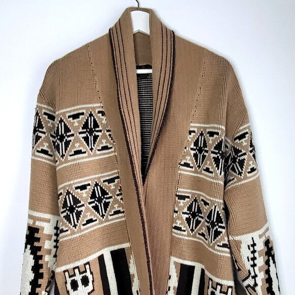 Vintage Southwestern Aztec Knit Cardigan • Belted Shawl Collar Jacket - Picture 1 of 7